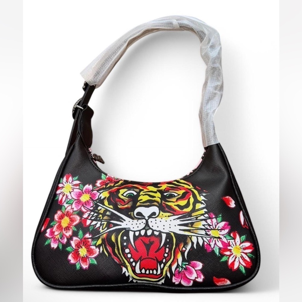 Ed Hardy Black Shoulder Bag with Vibrant Tiger and Floral Art
